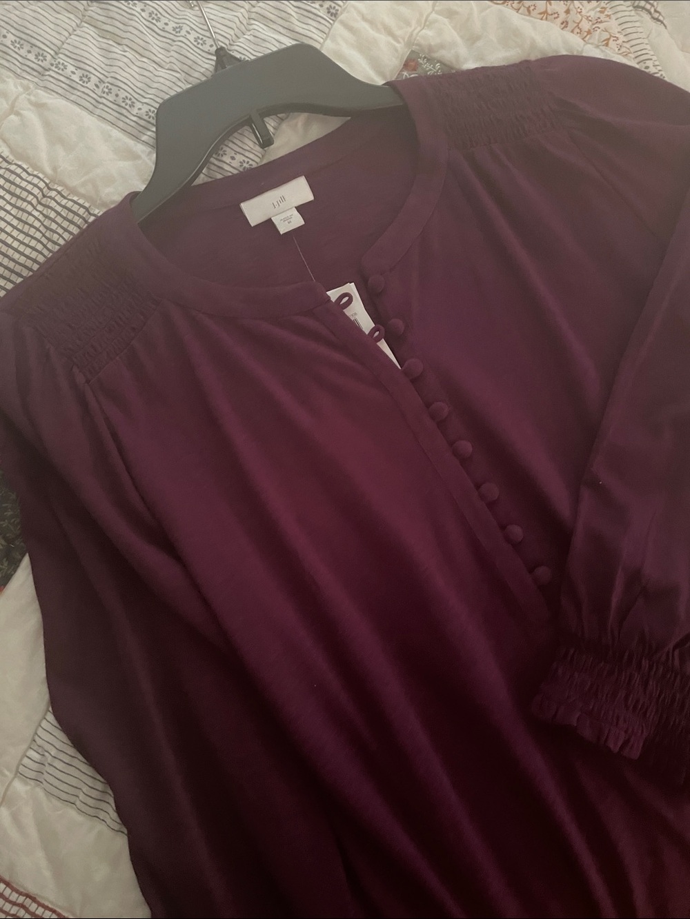 J. Jill Beautiful Deep Plum Henley Style Button-Front Shirred Yoke Cuff Top